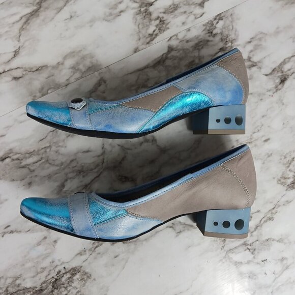 MACIEJKA pumps block heels women's slip-on pointed-toe blue leather size 39 - Picture 5 of 9